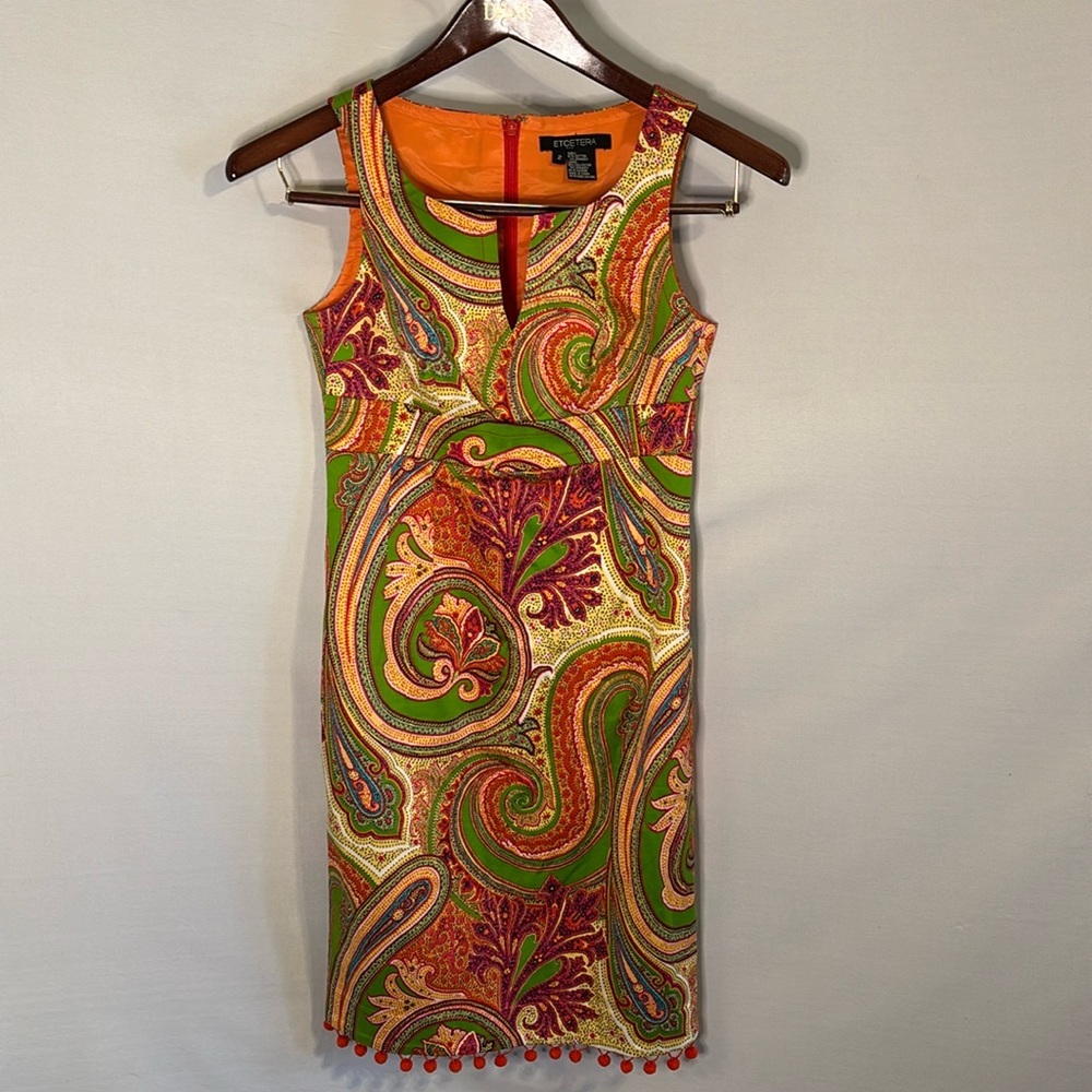 Etc. Etcetera Stretch Cotton Paisley Shift Dress Pom Pom Size 2 Sleeveless